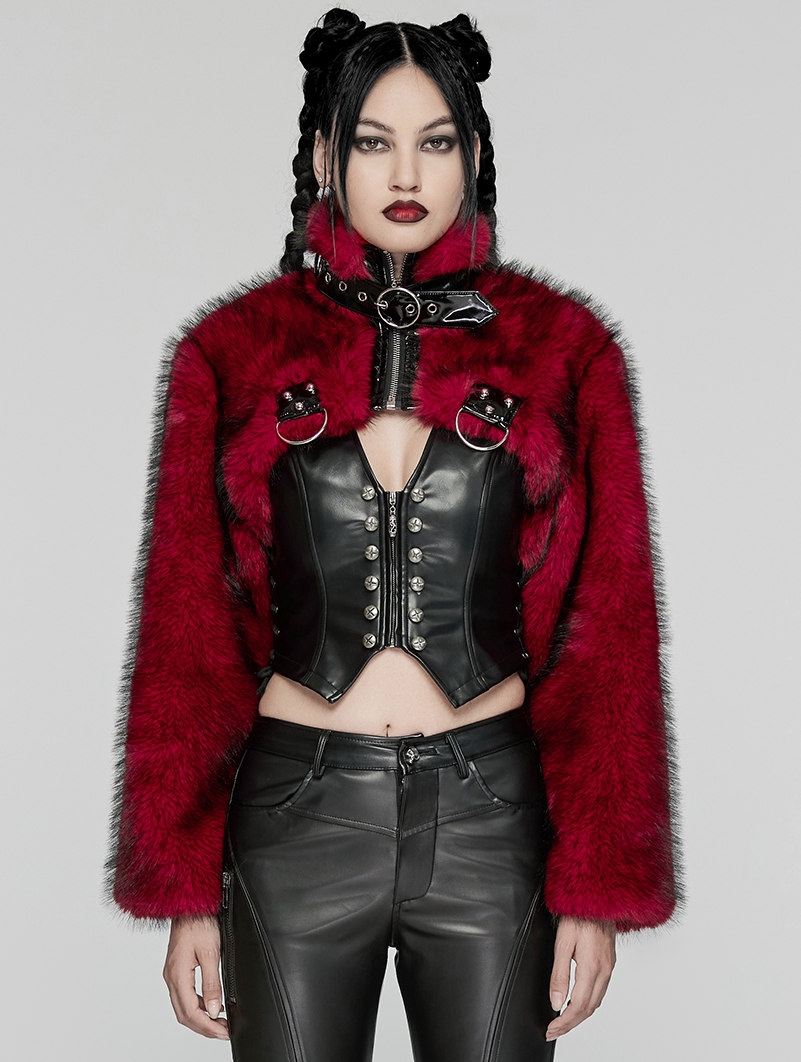 Black and Red Gothic Punk Personalized Zipper Short Fur Jacket for Women