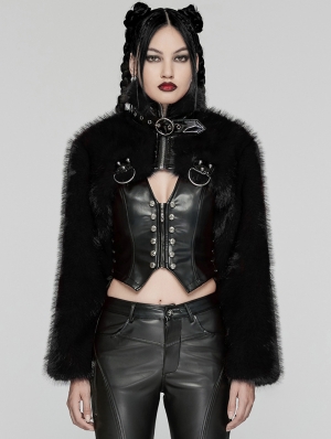 Black Gothic Punk Personalized Zipper Short Fur Jacket for Women