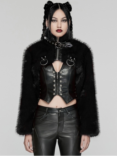 Black Gothic Punk Personalized Zipper Short Fur Jacket for Women