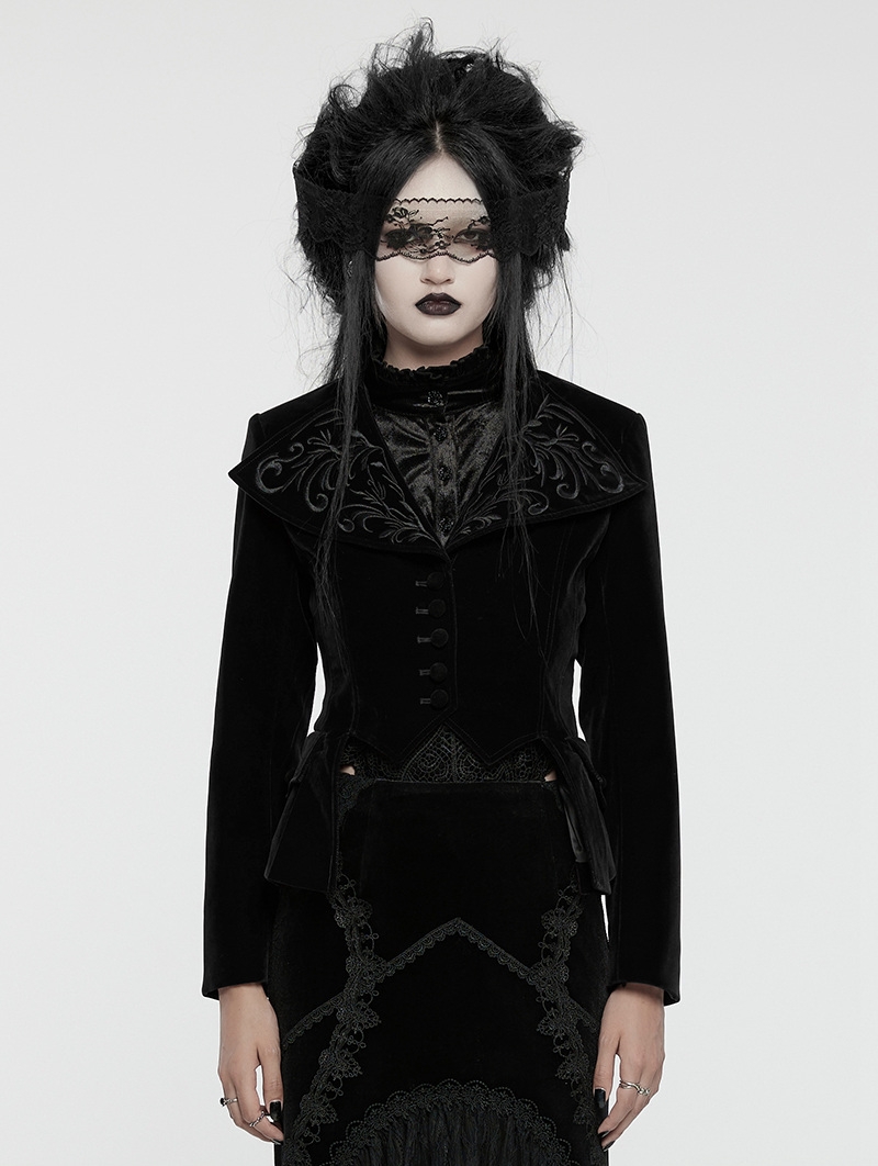 Black Retro Gothic Embroidered Stand Collar Velvet Coat for Women