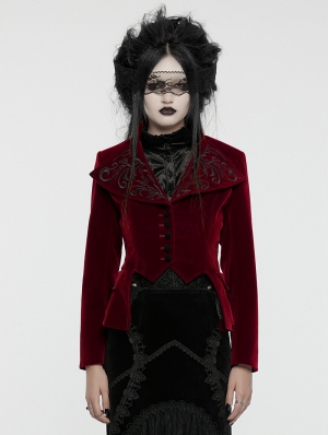 Red Retro Gothic Embroidered Stand Collar Velvet Coat for Women