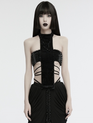 Black Gothic Punk Spiked Rivet Cross Halter Top