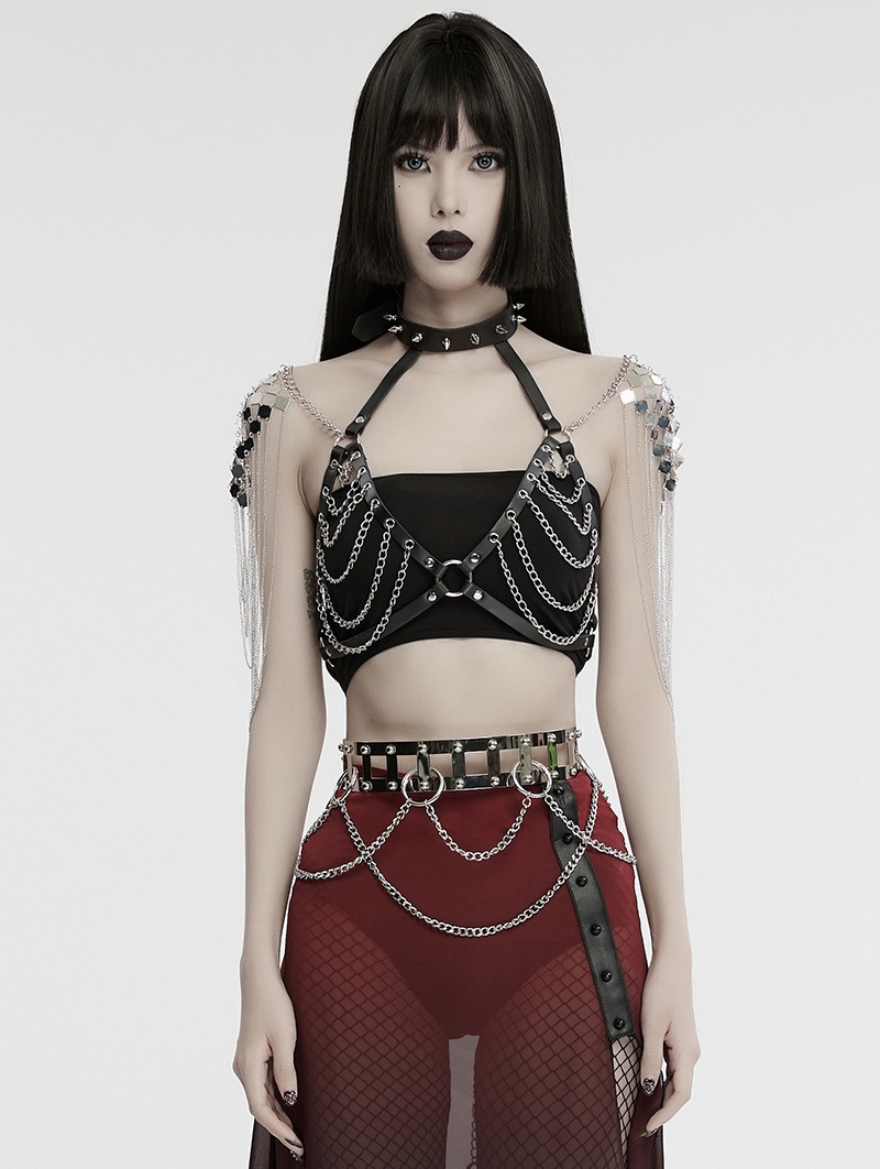 Black Gothic Silver Punk Sexy Chain Halter Harness