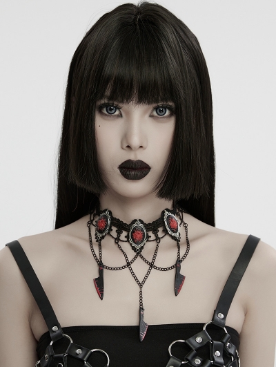 Black Gothic Halloween Red Rose Blade Pendant Choker