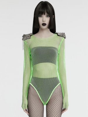 Green Gothic Punk Spike Tassel Sexy Mesh Bodysuit