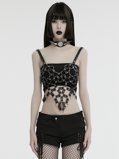 Black Gothic Punk Hot Girl PU Hollow Heart Shape Crop Top