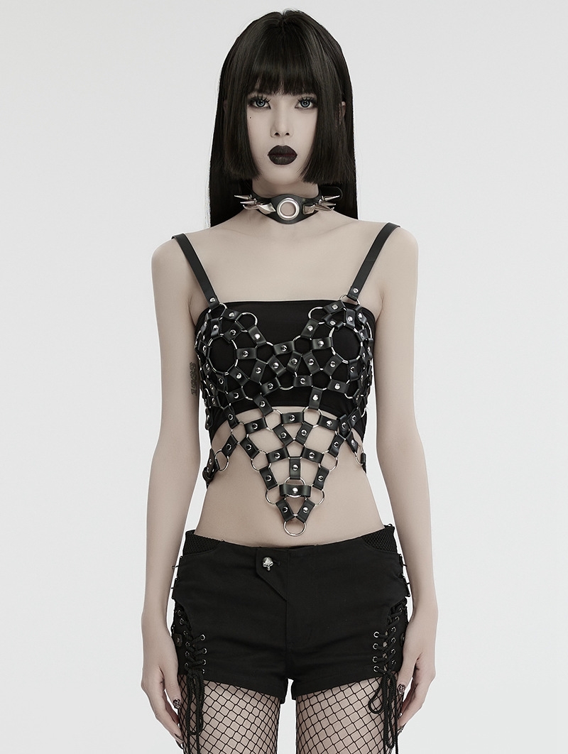 Black Gothic Punk Hot Girl PU Hollow Heart Shape Crop Top