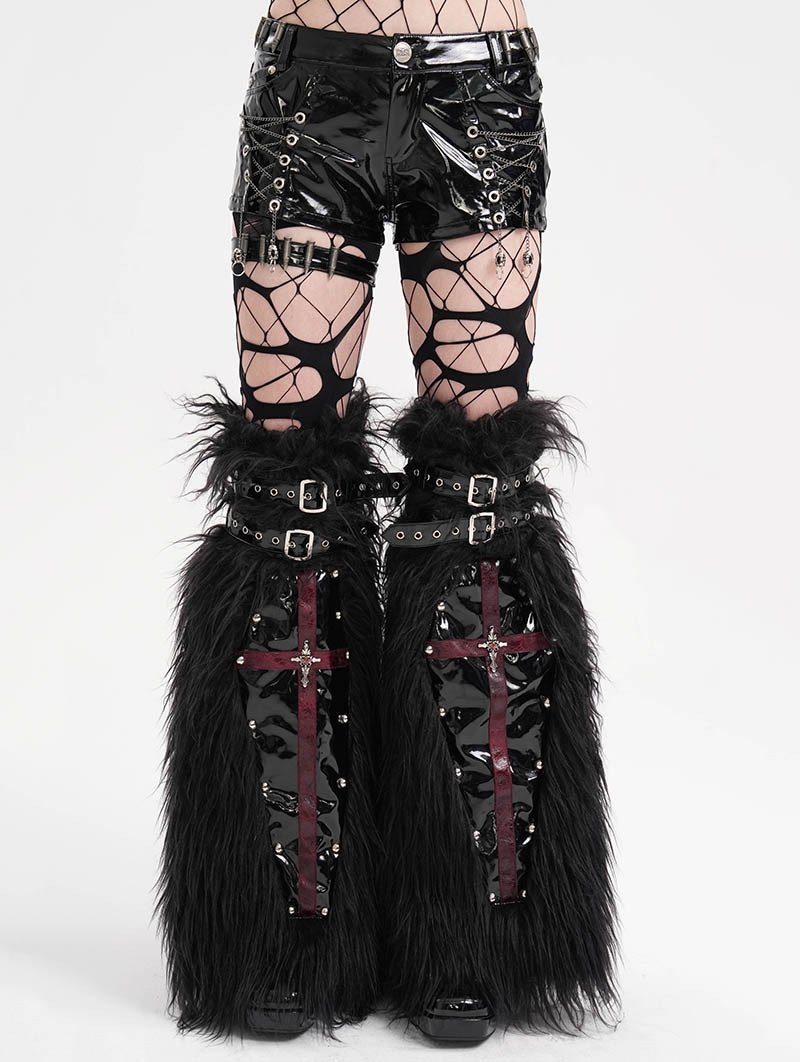 Black and Red Gothic Punk Cross Plush Leg Warmers for Women