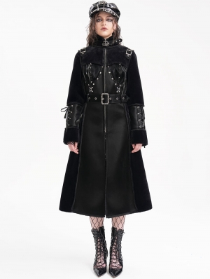 Black Gothic Punk Zip Up Buckle Faux Leather Long Coat for Women