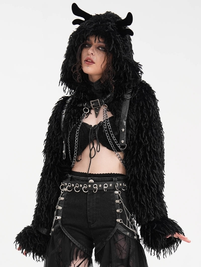 Black Gothic Punk Open Front Faux Fur Cropped Hooded Jacket for Women