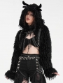 Black Gothic Punk Open Front Faux Fur Cropped Hooded Jacket for Women