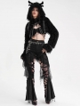 Black Gothic Punk Open Front Faux Fur Cropped Hooded Jacket for Women