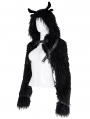 Black Gothic Punk Open Front Faux Fur Cropped Hooded Jacket for Women