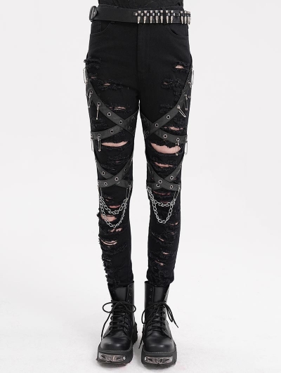 Black Gothic Punk Distressed Slim Fit Long Pants for Women