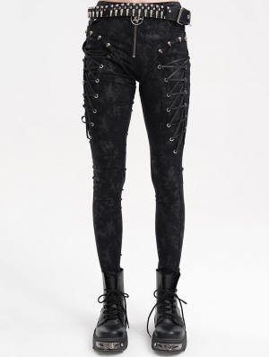 Black Gothic Punk Skull Studded Skinny Zip-Up Pants for Women