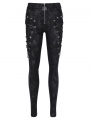 Black Gothic Punk Skull Studded Skinny Zip-Up Pants for Women