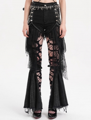 Black Gothic Punk Spider Web Chain Denim Hot Pants for Women