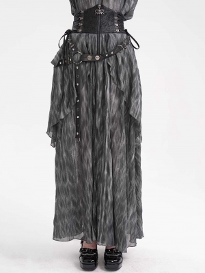 Grey Gothic Irregular Ruffle Flowy High Waist Maxi Skirt