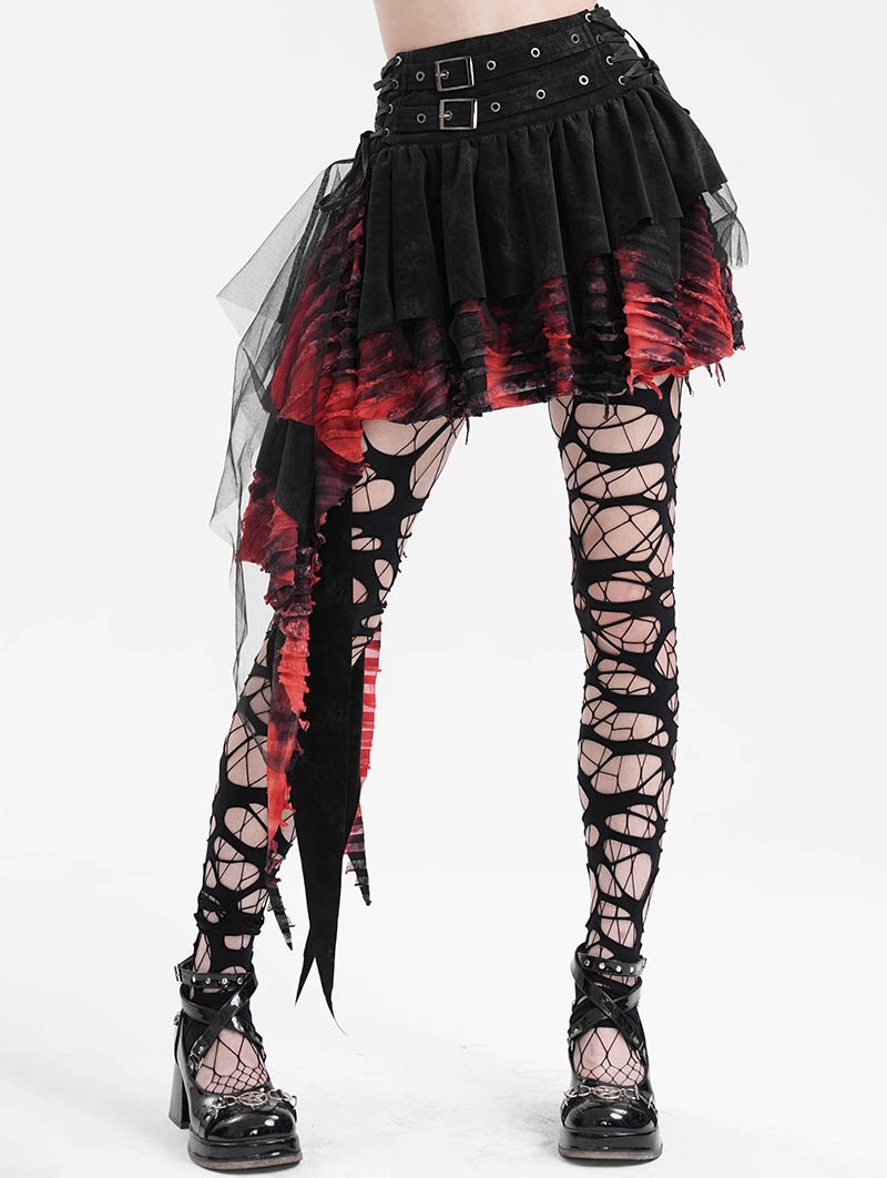 Black and Red Gothic Punk Mesh Splicing Pleated Mini Skirt