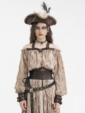 Brown Gothic Steampunk Off-the-Shoulder Halter Long Sleeve Top for Women