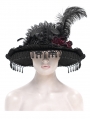 Black Vintage Gothic Victorian Beaded Fringe Trim Feather Hat for Women