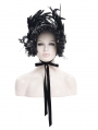 Black Gothic Lace Trim Rose Feather Party Bonnet Headband