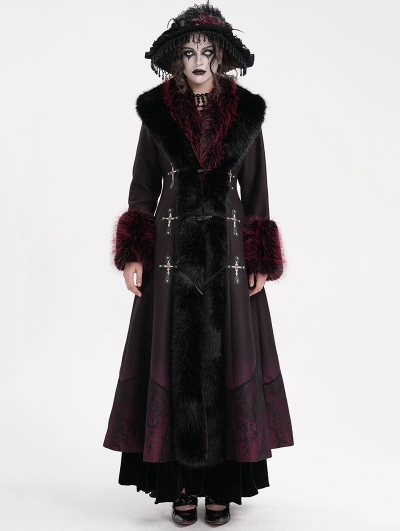 Black and Red Vintage Gothic Lapel Faux Fur Winter Warm Long Coat for Women