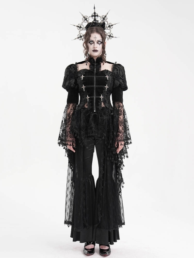 Black Vintage Gothic Lace Splice Velvet Puff Sleeve Jacket for Women