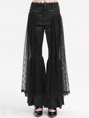 Black Gothic Embroidered Lace Overlay Fitted Flared Pants for Women