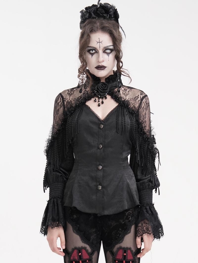 Black Gothic Vintage Ruffle Lace Tassled Fitted Shirt for Women