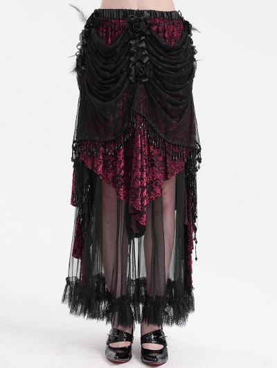 Black and Red Gorgeous Gothic Drawstring Layered Lace Party Skirt