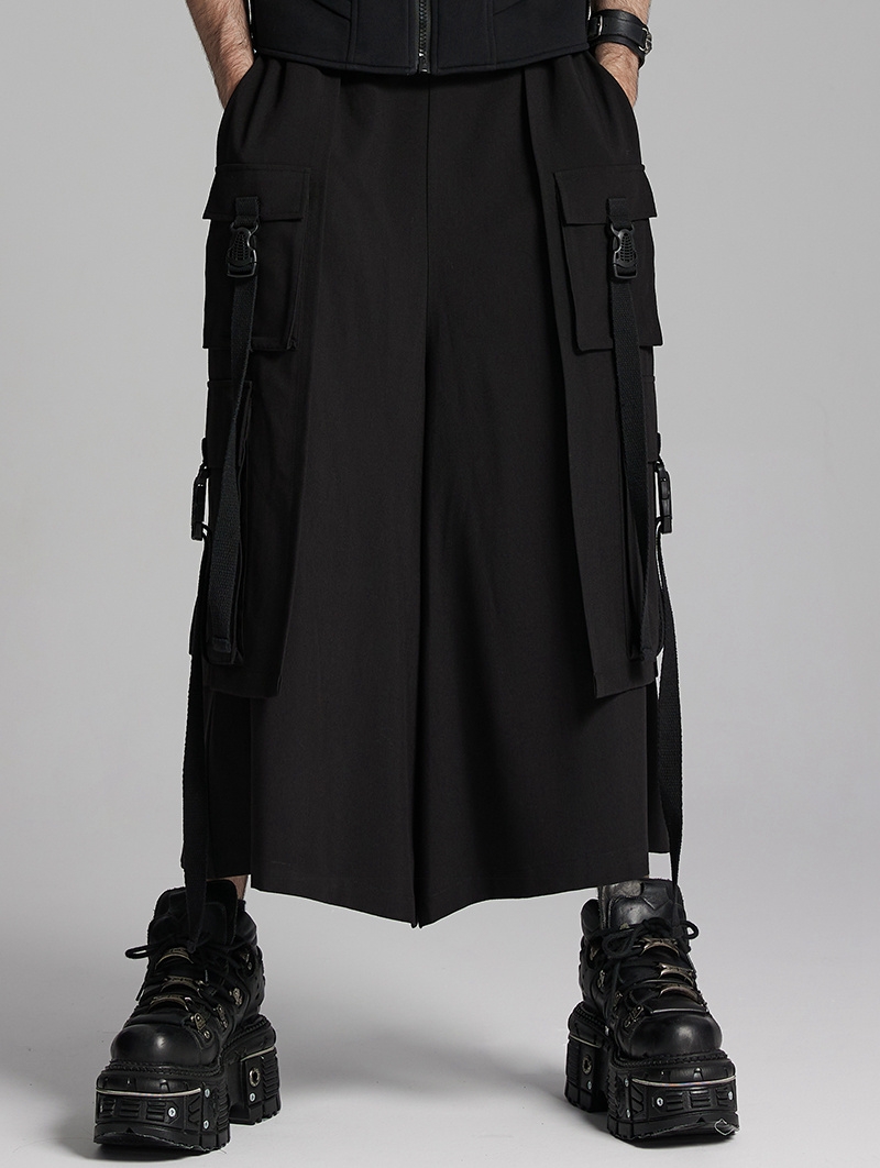 Black Gothic Cyberpunk Wide Leg Cropped Pants for Men