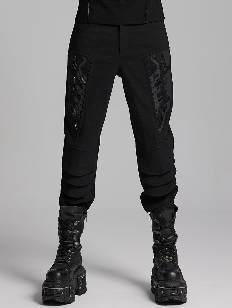 Black Gothic Cyber Punk Style Patch Fitted Pants for Men