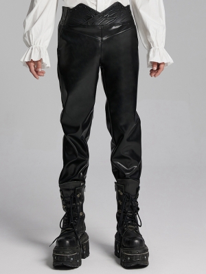 Black Gothic Punk Minimalist Studded Faux Leather Pants for Men