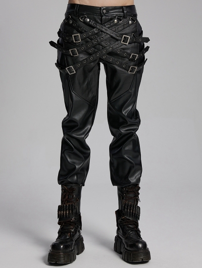 Black Gothic Punk Street Cross Buckle PU Leather Pants for Men