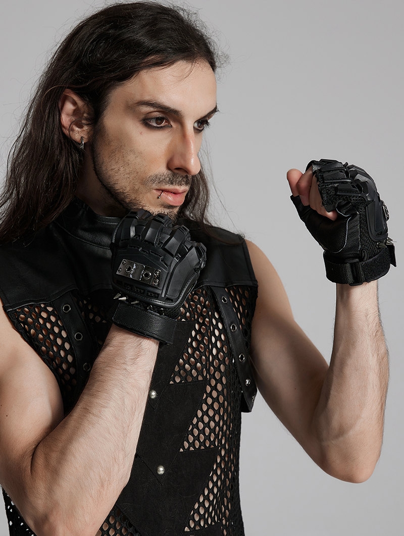 Black Gothic Cyber Punk Spike Armored Gloves for Men