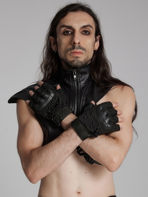 Black Gothic Cyberpunk Stud Armored Gloves for Men