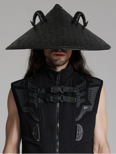 Black Gothic Punk Dark Sheep Horn Conical Hat for Men