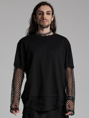 Black Gothic Punk Fake Two-Piece Mesh Spliced T-Shirt for Men