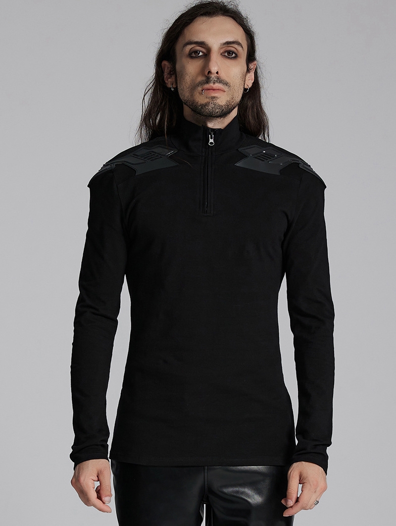 Black Gothic Cyber Punk Zipper Collar Long Sleeved T-Shirt for Men