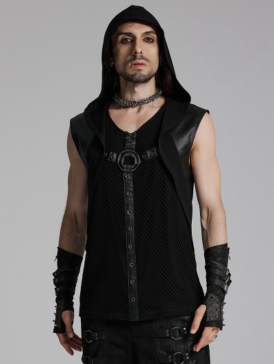 Black Gothic Punk Hooded Decadent Mesh Knitted Vest for Men