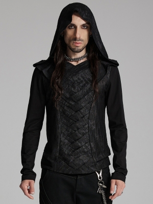 Black Gothic Dark Hooded Cross Overlapping T-Shirt for Men