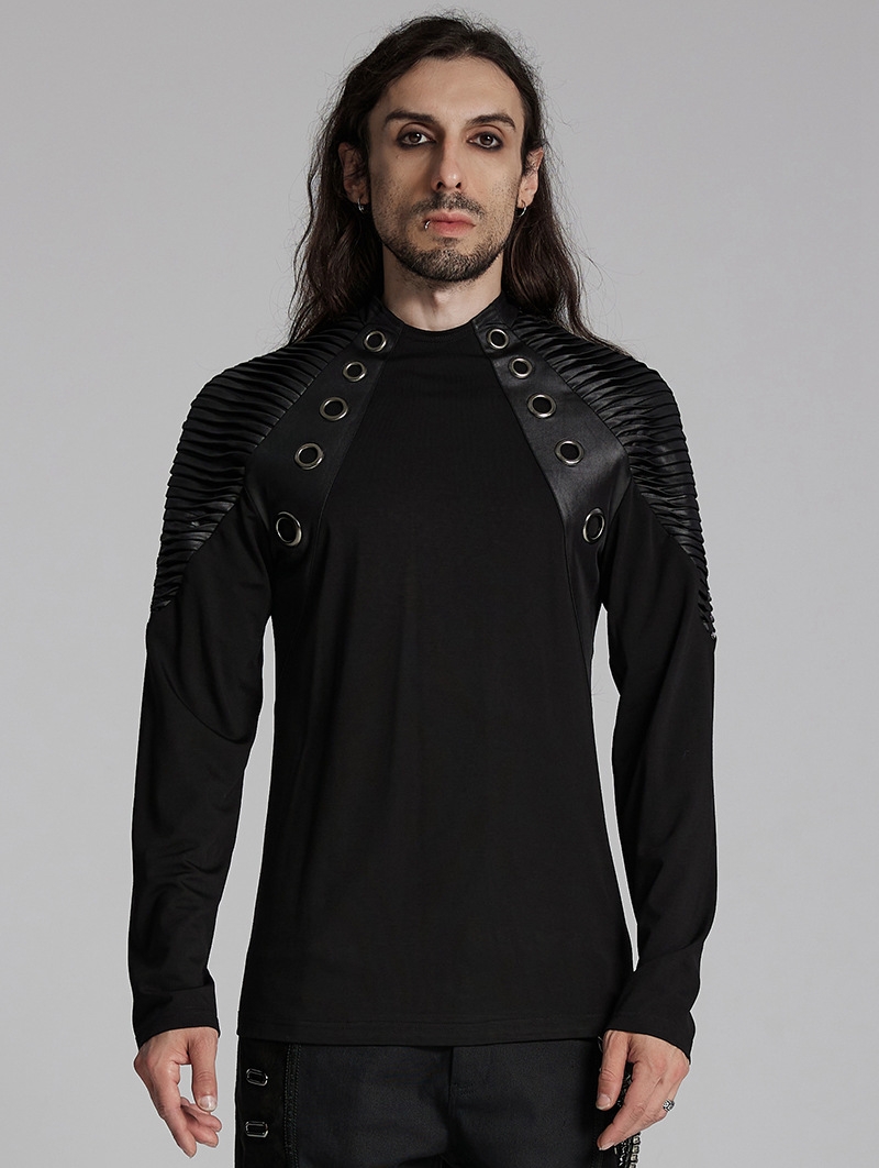 Black Gothic Punk Faux Leather Spliced Knitted T-Shirt for Men