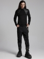 Black Gothic Punk Faux Leather Spliced Knitted T-Shirt for Men