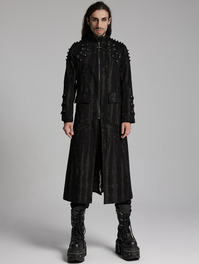 Black Gothic Doomsday Punk Studded Printed Long Coat for Men