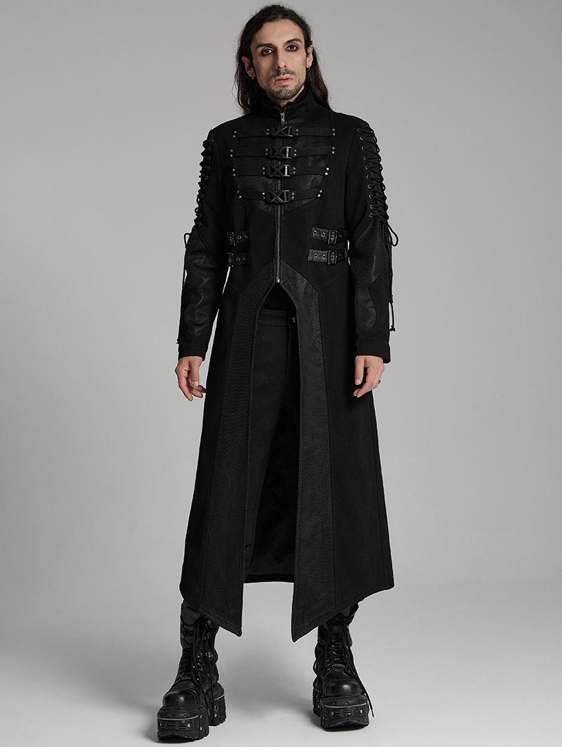 Black Gothic Punk Wild Vision Buckle Front Long Jacket for Men