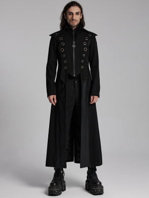 Black Gothic Punk Visual Metal Eyelet Long Jacket for Men