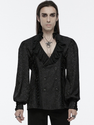 Black Gothic Retro Ruffled Collar Double-Breasted Shirt for Men