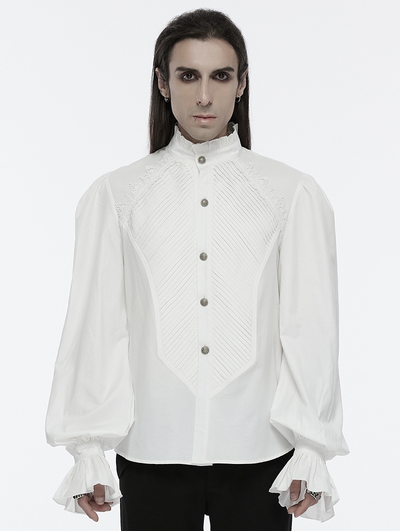 White Gothic Palace Style Retro Ruffle Pleated Shirt for Men