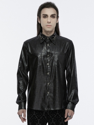 Black Gothic Dragon Scale Faux Leather Fitted Shirt for Men